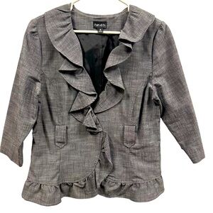 Harve B Gray Ruffle Crop 3 Quarter Sleeve Belt Loop Blazer Jacket Womens 10